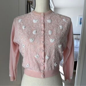 Vintage Pink Beaded Sweater Cardigan Pearl Buttons Pin-Up / Rockabilly